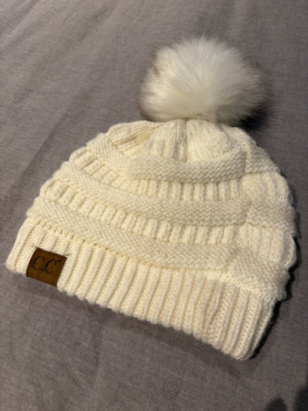 C.C Women’s Cream Cable Knit Pom Beanie